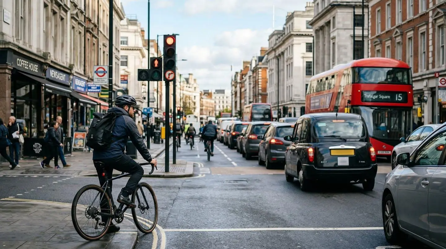 Un cycliste vu de trois-quarts dos attend à un feu rouge dans un environnement de carrefour urbain avec des véhicules à proximité
