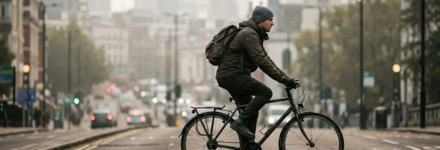 Un cycliste de dos pédale sur une piste cyclable en ville, environnement urbain légèrement brumeux dans la lumière matinale