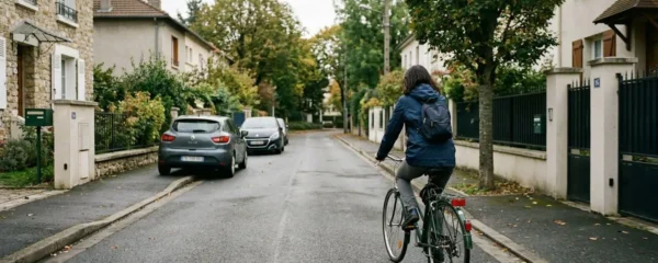 Une personne pédale sur un vélo de ville classique dans une rue calme de banlieue parisienne, ambiance matinale de semaine