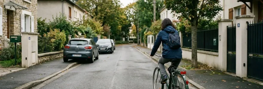 Une personne pédale sur un vélo de ville classique dans une rue calme de banlieue parisienne, ambiance matinale de semaine