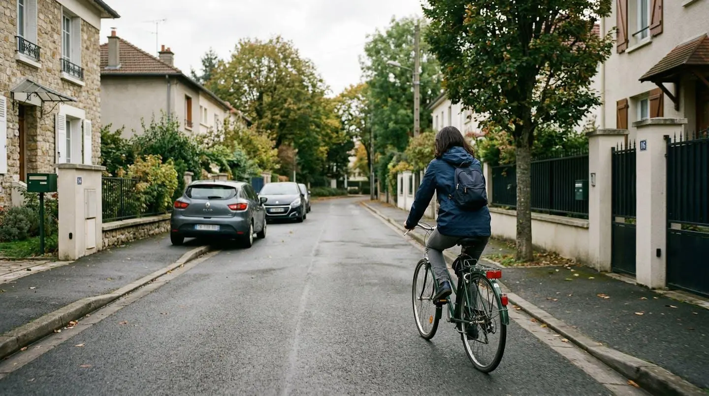 Une personne pédale sur un vélo de ville classique dans une rue calme de banlieue parisienne, ambiance matinale de semaine