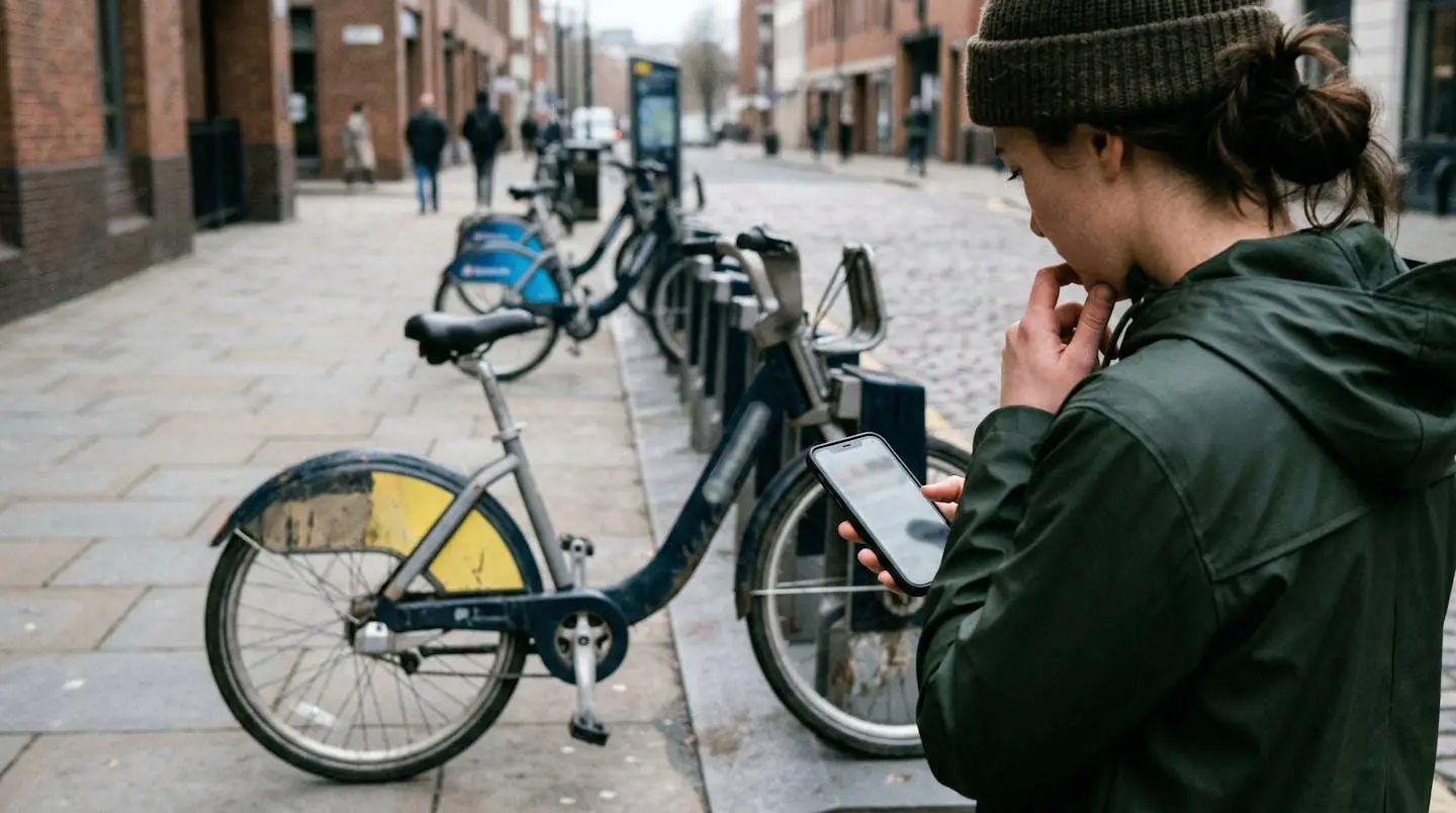 Une personne consulte son téléphone devant un vélo de location, geste naturel de réflexion avant une décision