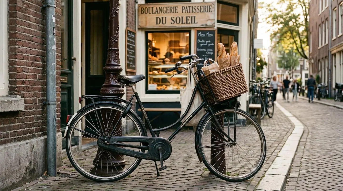 Un vélo hollandais stationné devant une boulangerie de quartier, panier à l'avant contenant une baguette, ambiance de vie quotidienne