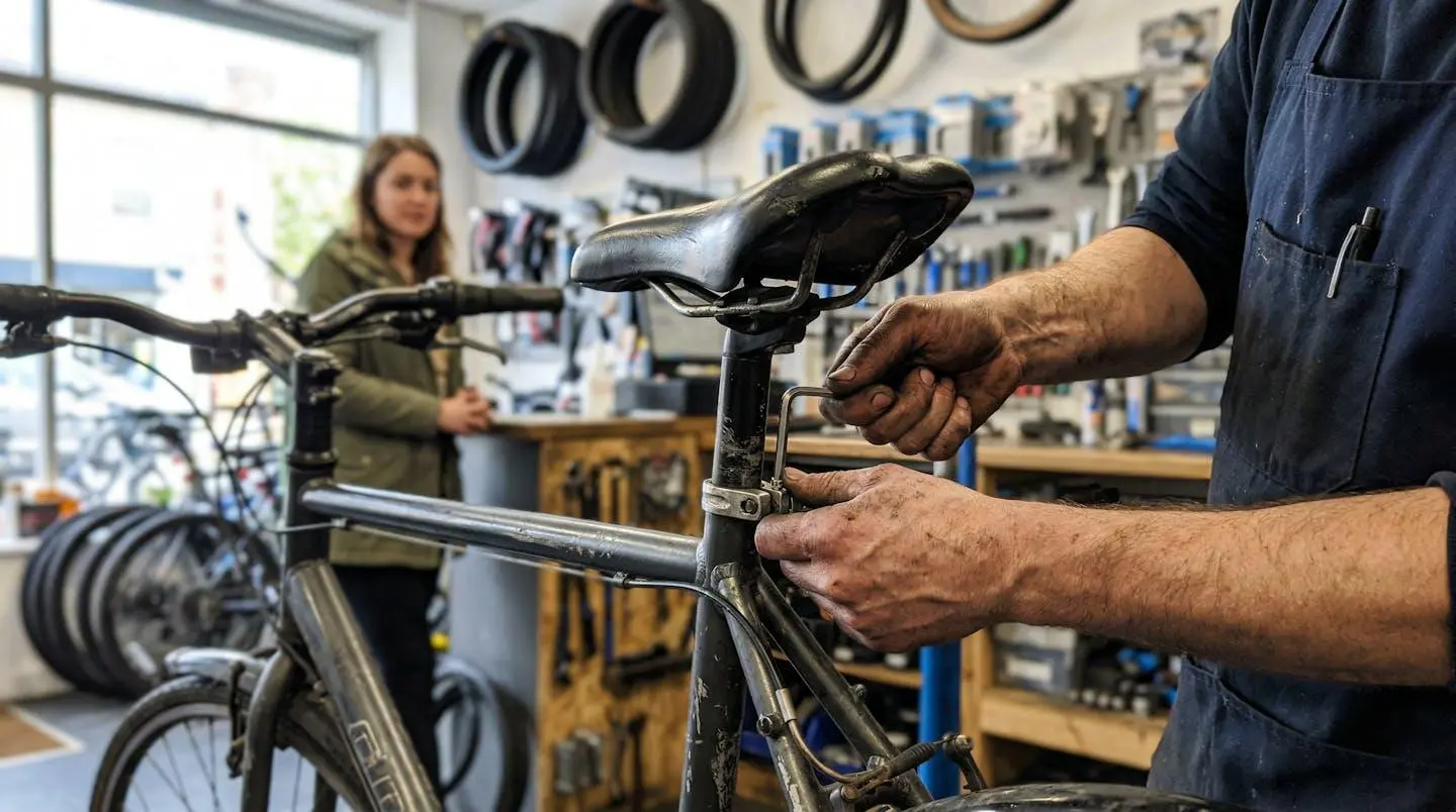 Les mains d'un vendeur ajustent la hauteur de selle d'un vélo de ville dans une boutique, avec un client visible en arrière-plan flou
