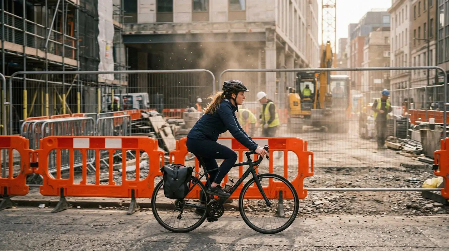 Un cycliste de profil passe devant un chantier de construction avec de la poussière visible dans l'air et des barrières de sécurité oranges
