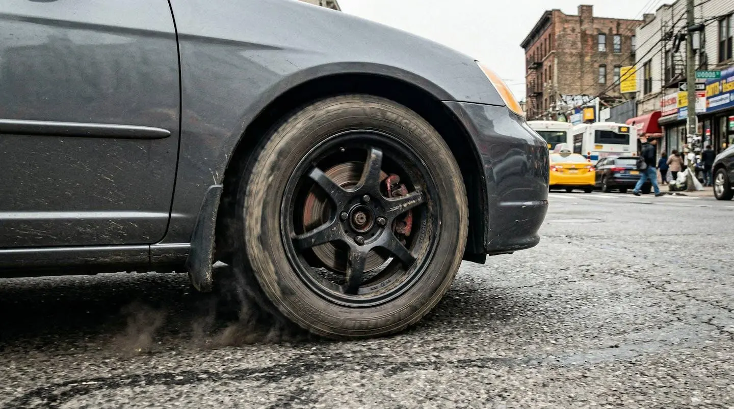 Gros plan sur la roue arrière d'un véhicule en train de freiner dans un environnement urbain, avec un léger nuage de poussière visible