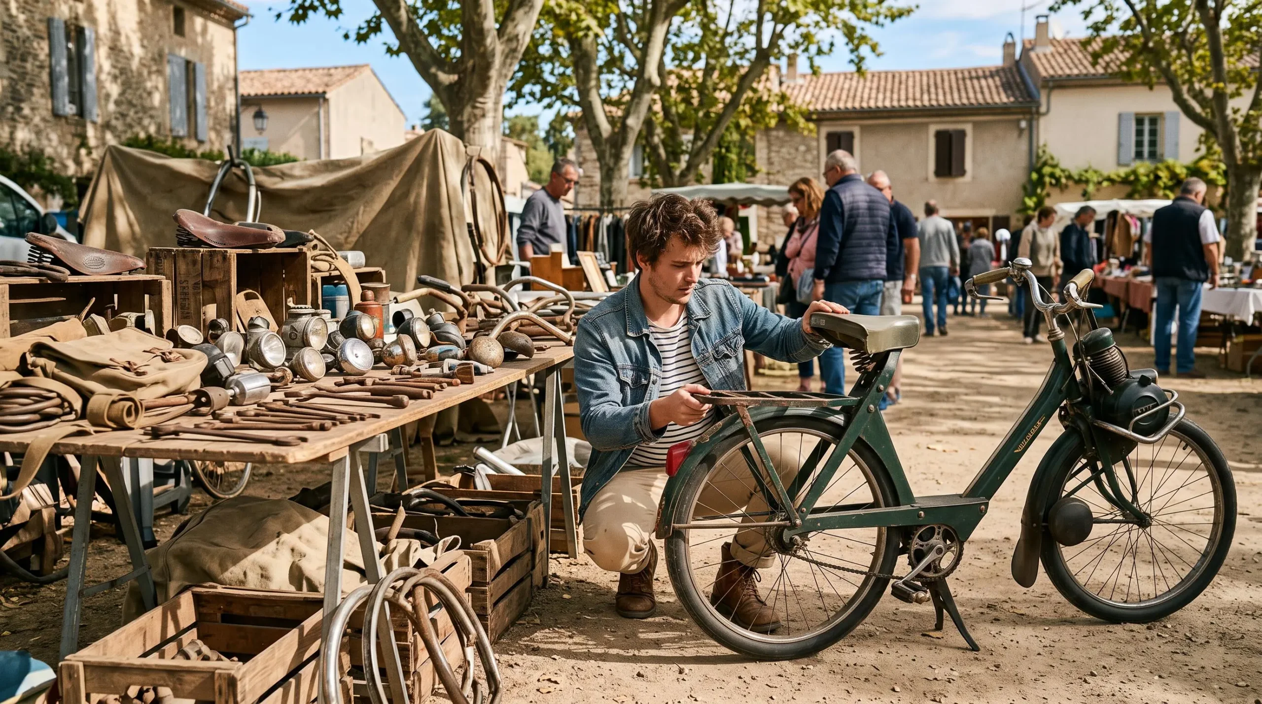 Un homme compare un accessoire ancien avec un Solex restauré sur une brocante.