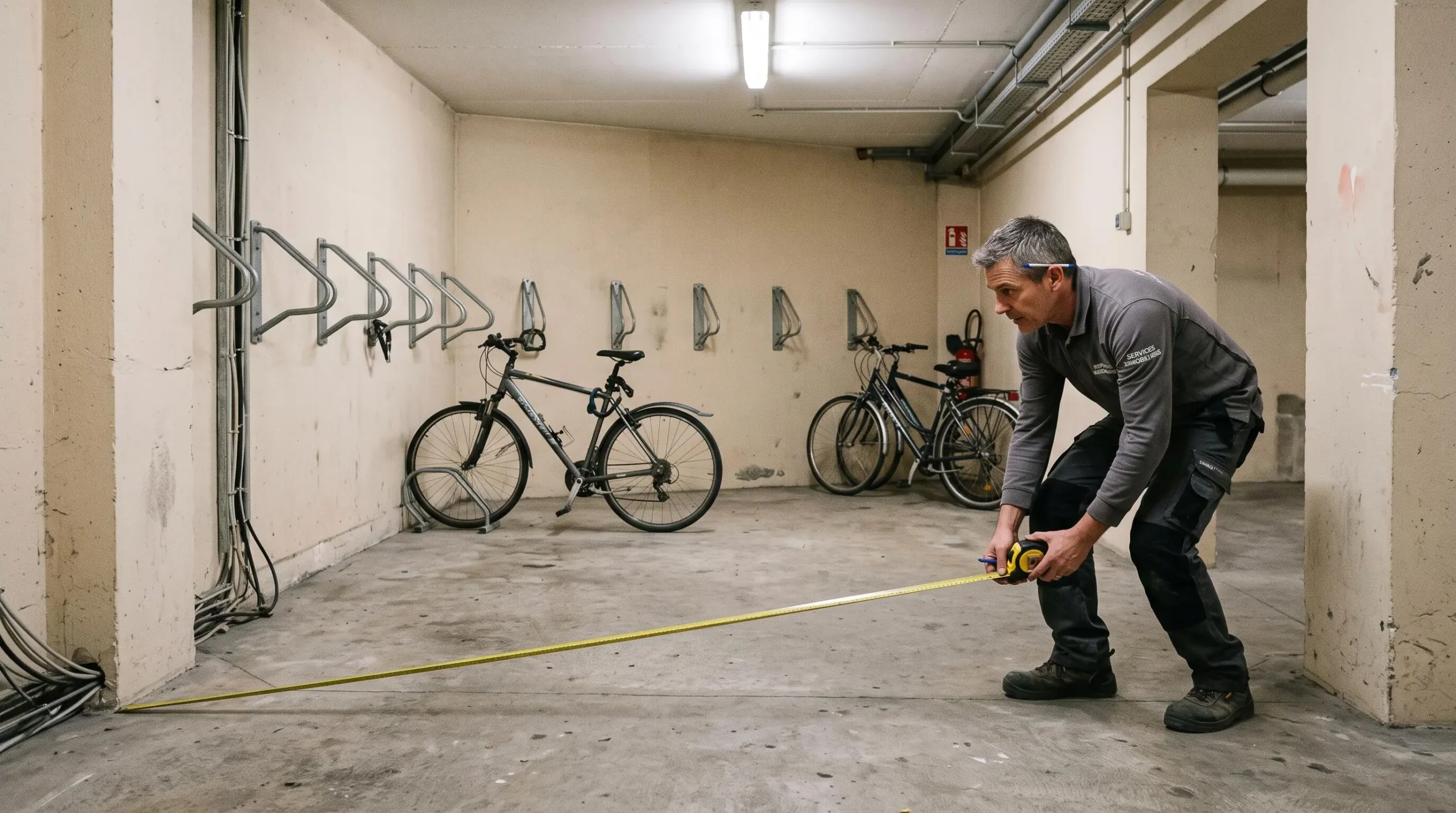 Un gestionnaire mesure l'espace disponible d'une salle équipée de racks à vélos muraux.
