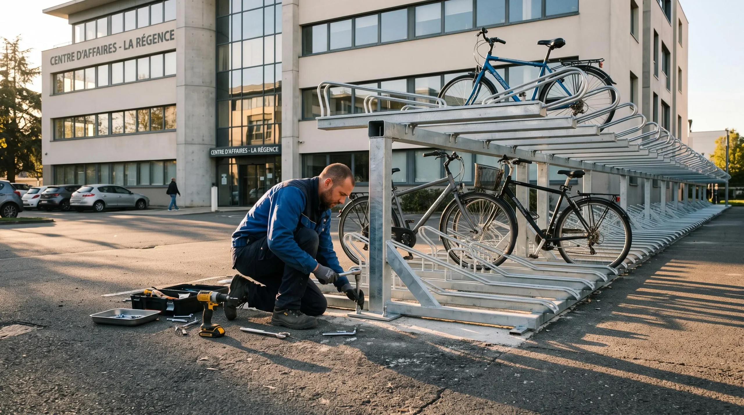 Un installateur serre les fixations d'un rack à vélos deux niveaux devant un bâtiment.