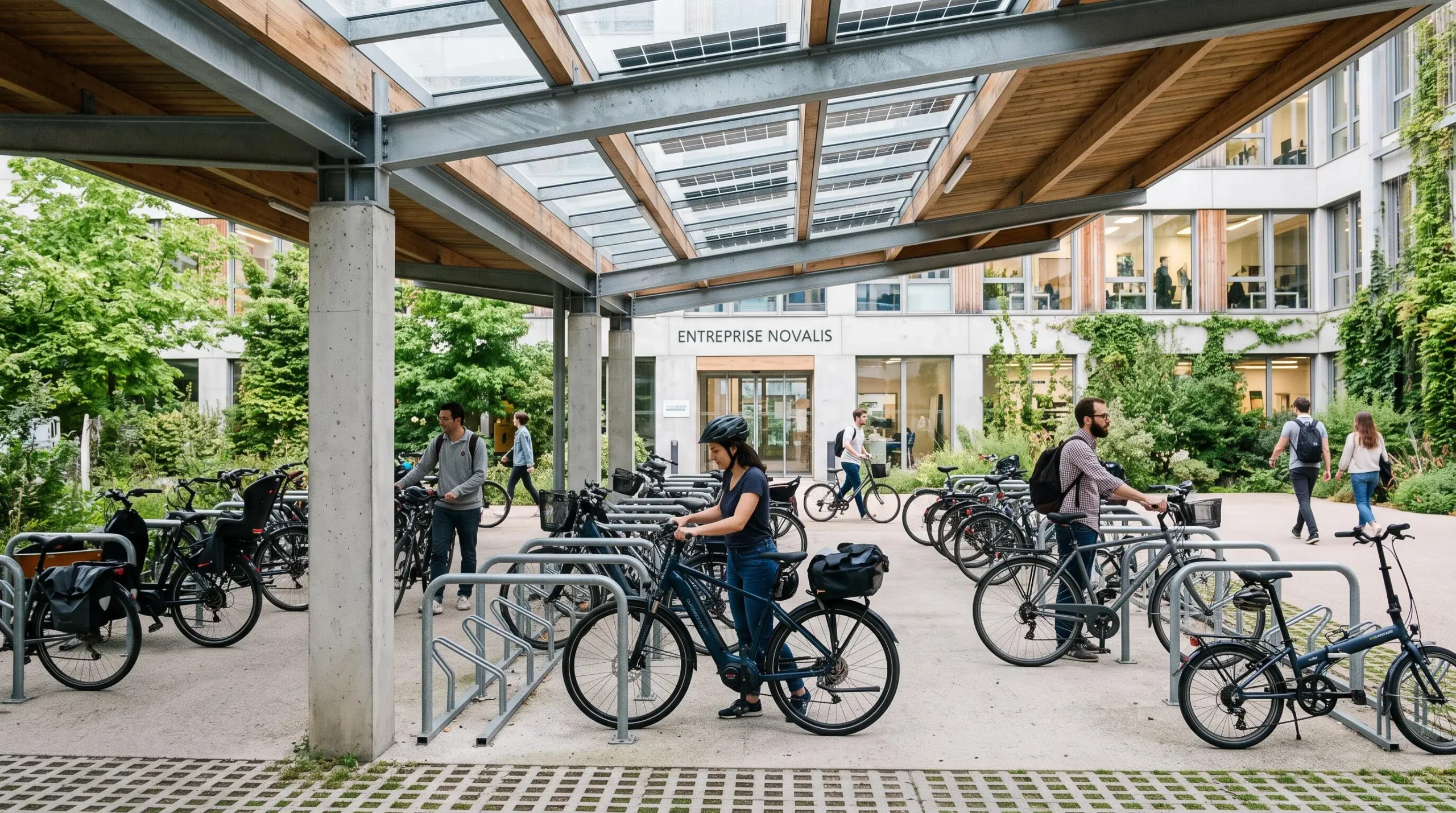 Des salariés garent leurs vélos dans un parc à vélos couvert devant leur entreprise.