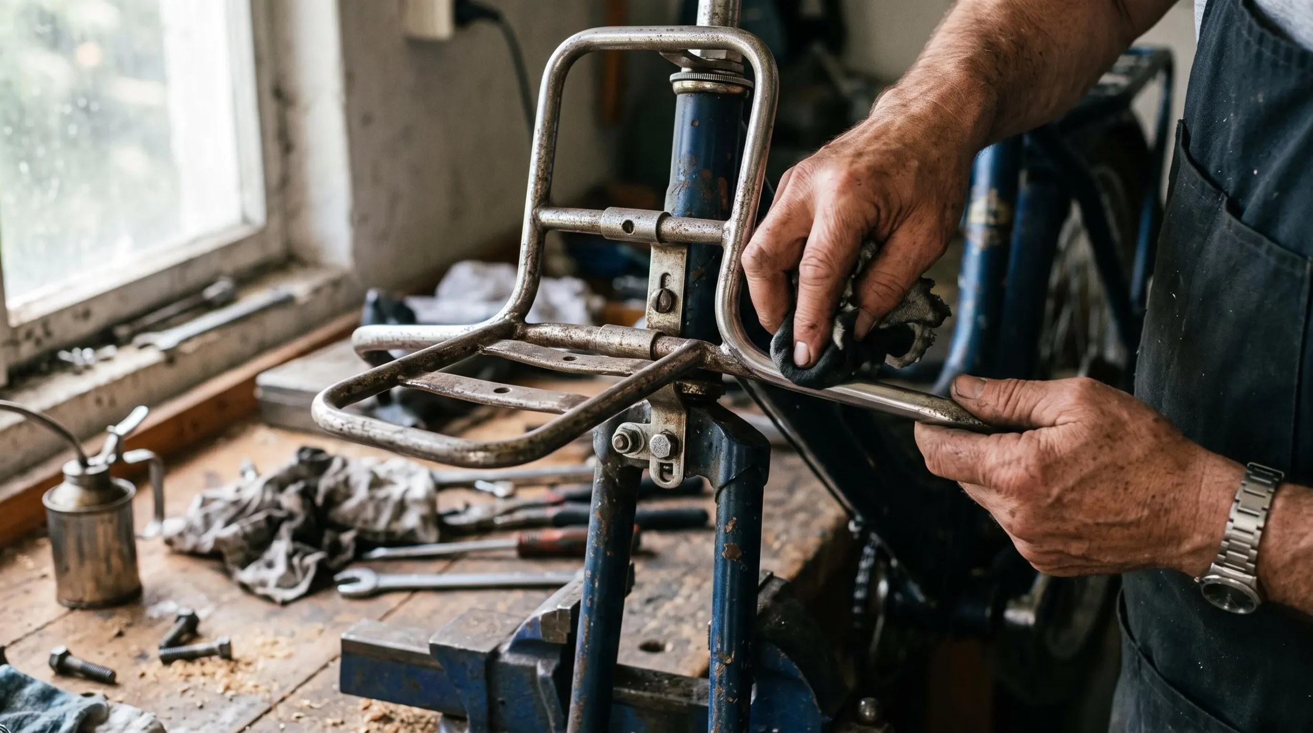 Des mains vérifient la fixation d'un porte-outils métallique sur un cadre ancien.