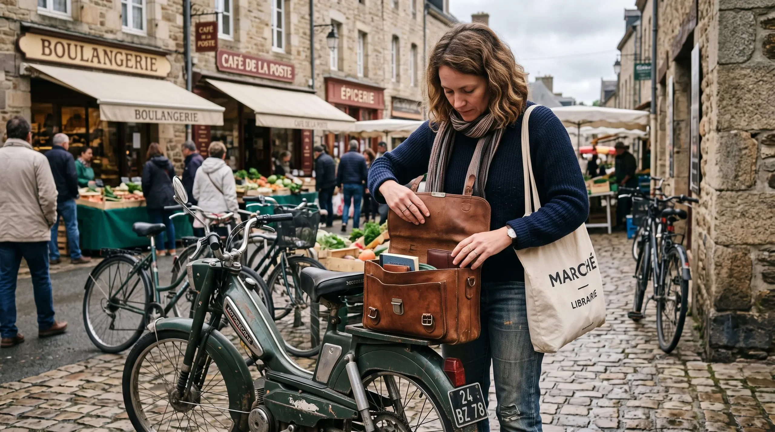 Une femme vérifie le contenu d'une sacoche rétro fixée à l'arrière de son Solex.