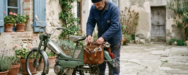 Un homme ajuste une sacoche en cuir fixée sur le porte-bagages d'un Solex ancien.
