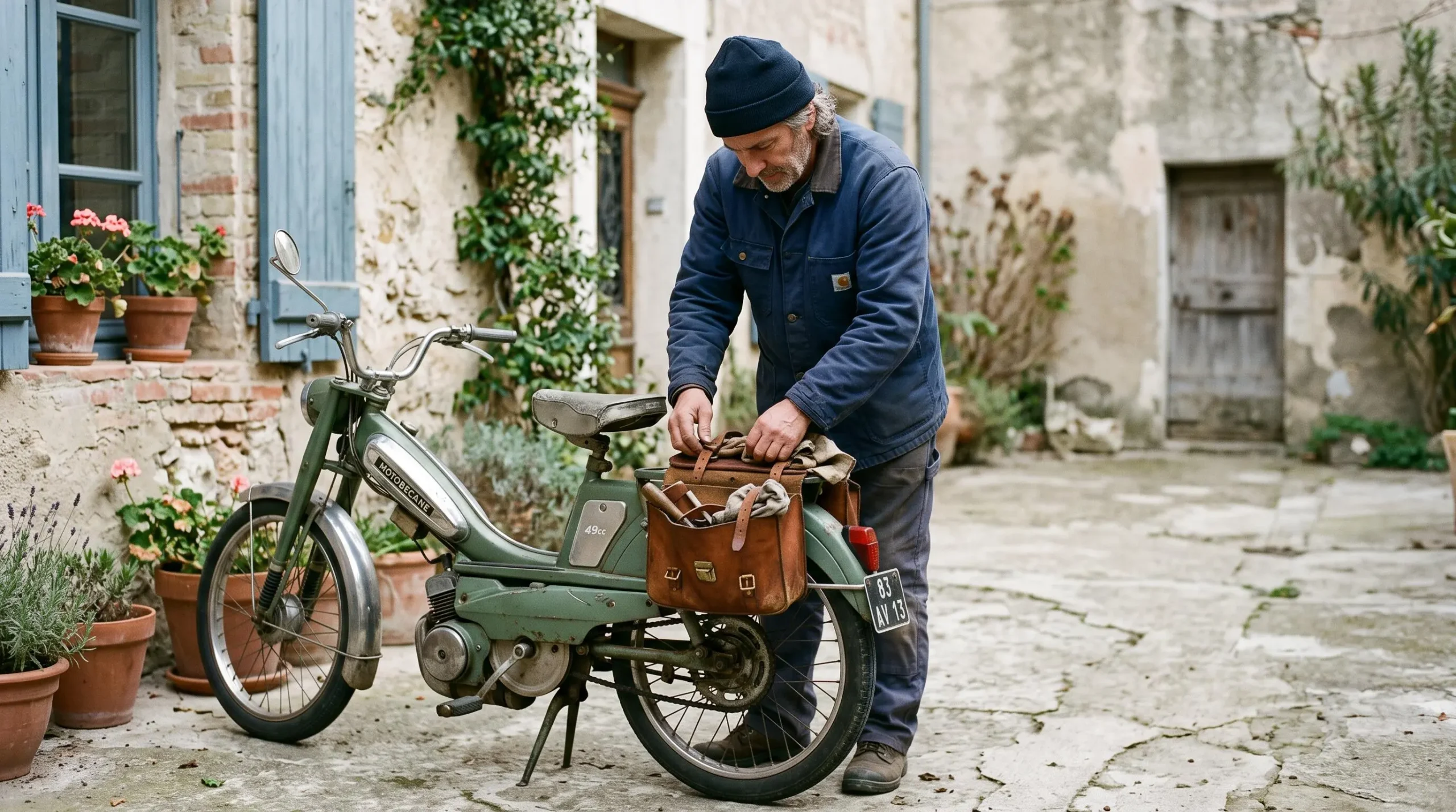 Un homme ajuste une sacoche en cuir fixée sur le porte-bagages d'un Solex ancien.